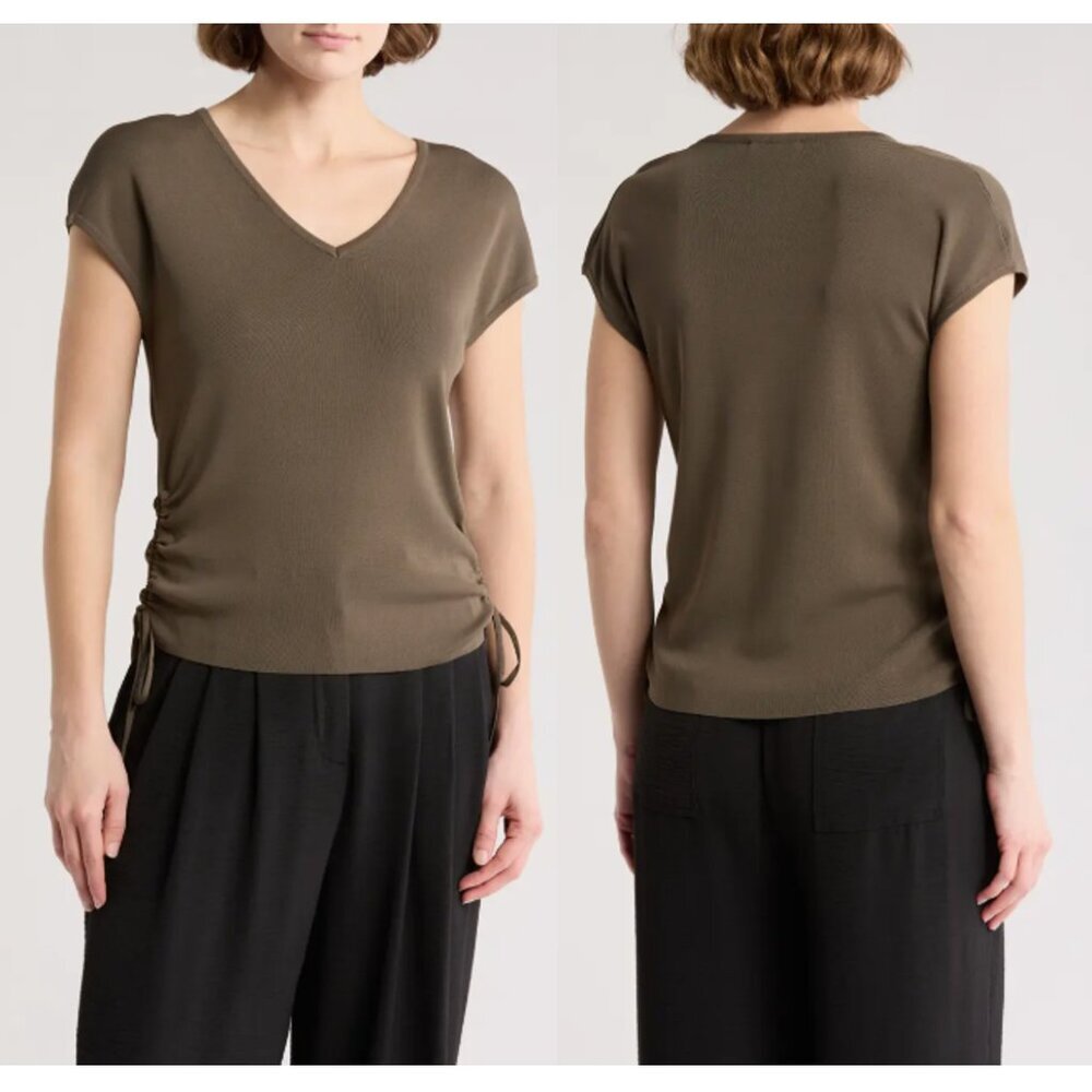 NWT New $89 Adrianna Papell Knit Fatigue V-Neck Cap Sleeve Side Tie Top Size M